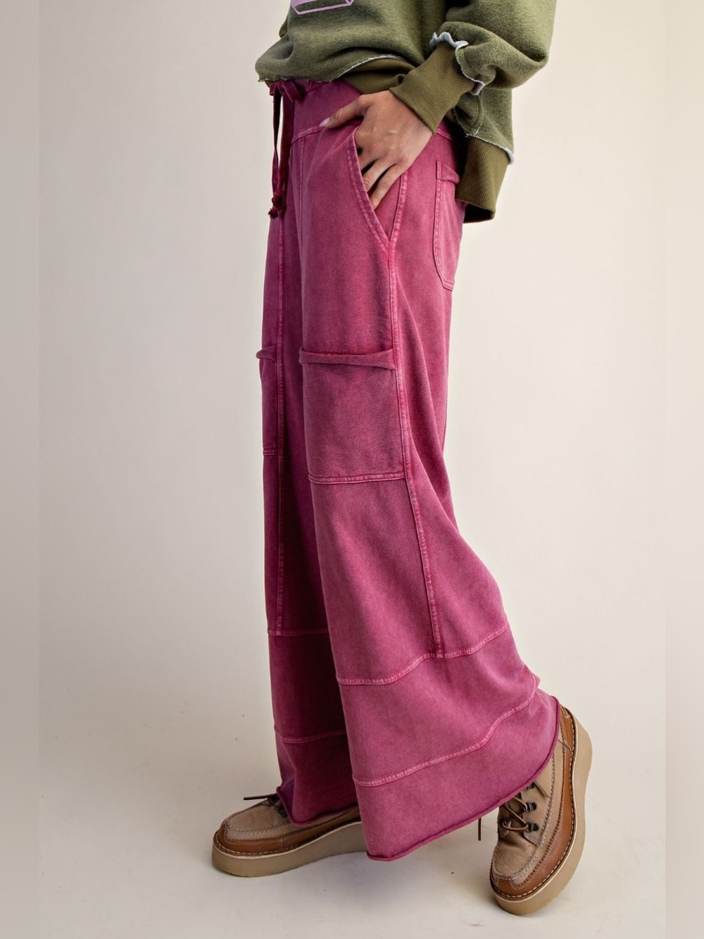 Easel Lazy Days Mineral Washed Wide Leg Pants in Berry EB41308 - Picture 3 of 4